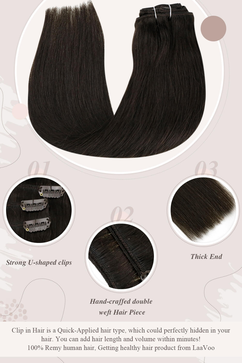 darkest brownstrong U shaped clips hand craffed double weft hair piece thick end clip in hair perfectly hidden in your hair you can add hair length and volume within minutes Remy human hair getting healthy hair product