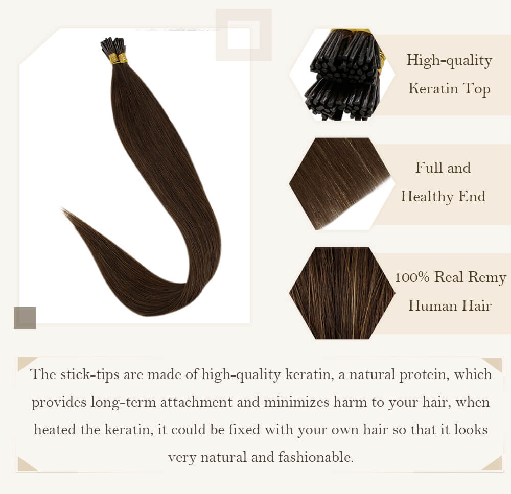 dark brown solid color balayage brown to blonde hair stick tip high quality derain hair extensions pre bonded hair remy human hair silk smooth hair i tip hair seamless ready to apply