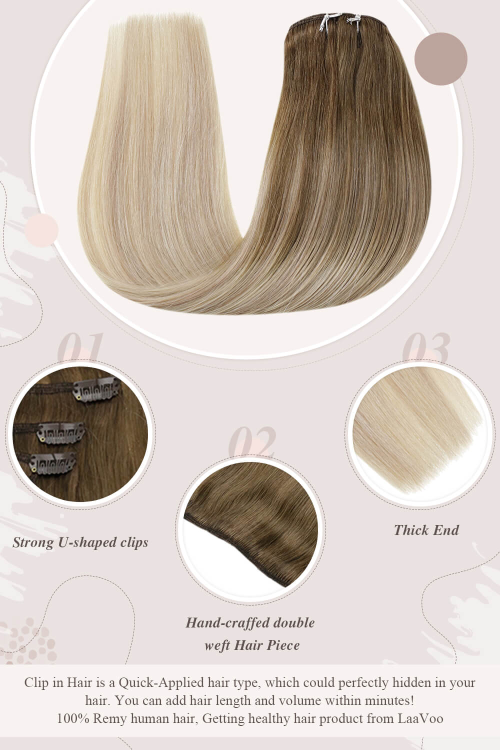 solid white blonde strong U shaped clips hand craffed double weft hair piece thick end clip in hair perfectly hidden in your hair you can add hair length and volume within minutes Remy human hair getting healthy hair