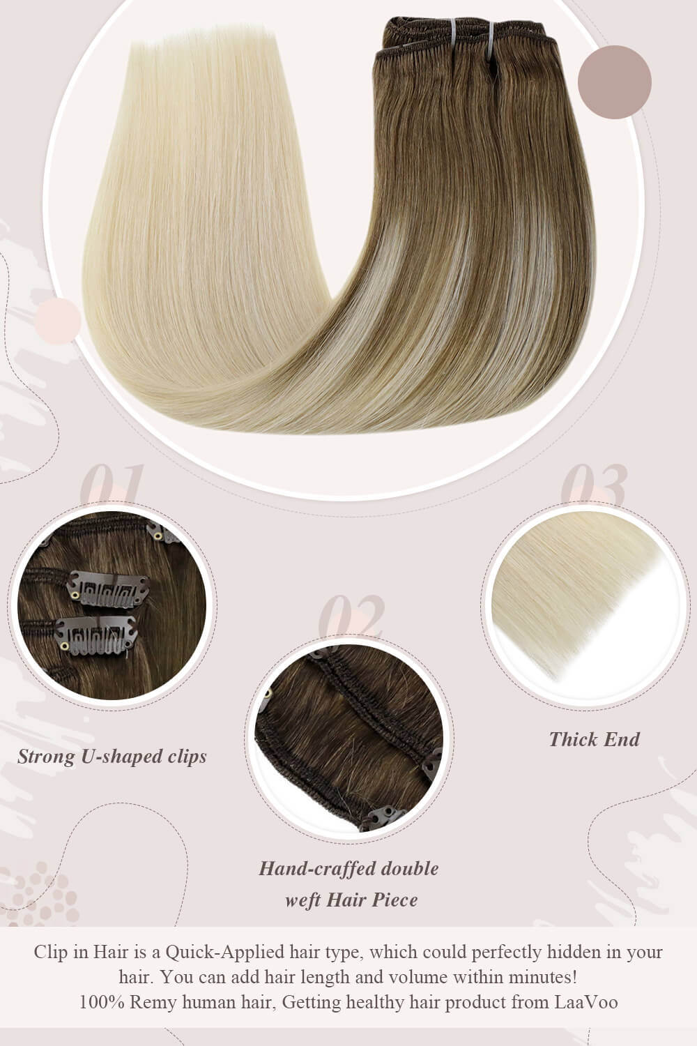 strong U shaped clips hand craffed double weft hair piece thick end clip in hair perfectly hidden in your hair you can add hair length and volume within minutes Remy human hair getting healthy hair product