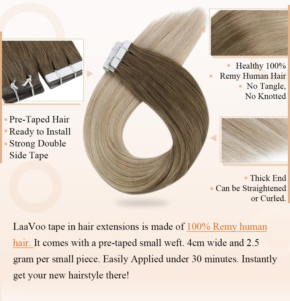 #8 60 18 laavoo remy human tape in hair extensions balayage blonde light brown and platinum blonde fading to ash blonde can be dyed and straighten blend well with your hair
