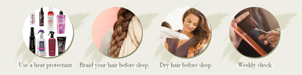 Conseils de soin des cheveux 1. Nos cheveux acceptent de se boucler et de se redresser. Si vous souhaitez faire du heat styling, il est préférable d'utiliser au préalable des produits de protection thermique. Retirez et remplacez les accessoires qui ont glissé ou qui ont poussé, ou qui semblent avoir besoin d'être rafraîchis. Utilisez toujours les accessoires d'épilation/d'épilation pour éviter d'endommager vos cheveux naturels. 2. Si possible, gardez vos cheveux tressés pendant que vous dormez et faites de l'exercice. Cela vous aidera à vous assurer que vos cheveux ne s'emmêleront pas et vous obtiendrez également de belles ondulations le matin. Gagnant-gagnant ! 3. Brossez et dormez avec les cheveux secs. 4. Contrôle hebdomadaire - Passez sur toute votre tête, en redressant tout accessoire et en démêlant les nœuds qui auraient pu apparaître sur le cuir chevelu. Brossez vos cheveux. Lavez vos cheveux et laissez-les sécher.