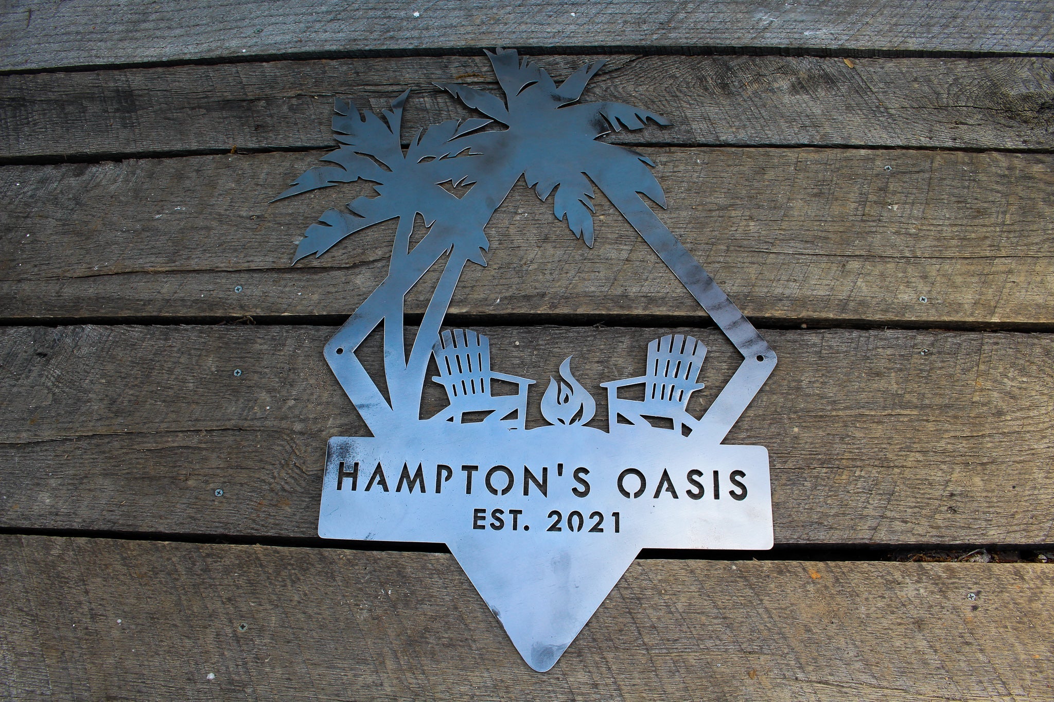 Personalized Oasis Beach House Sign - Custom Metal Beach Home Decor - Nautical Wall Art - Personalized Beach Sign - Palm Tree