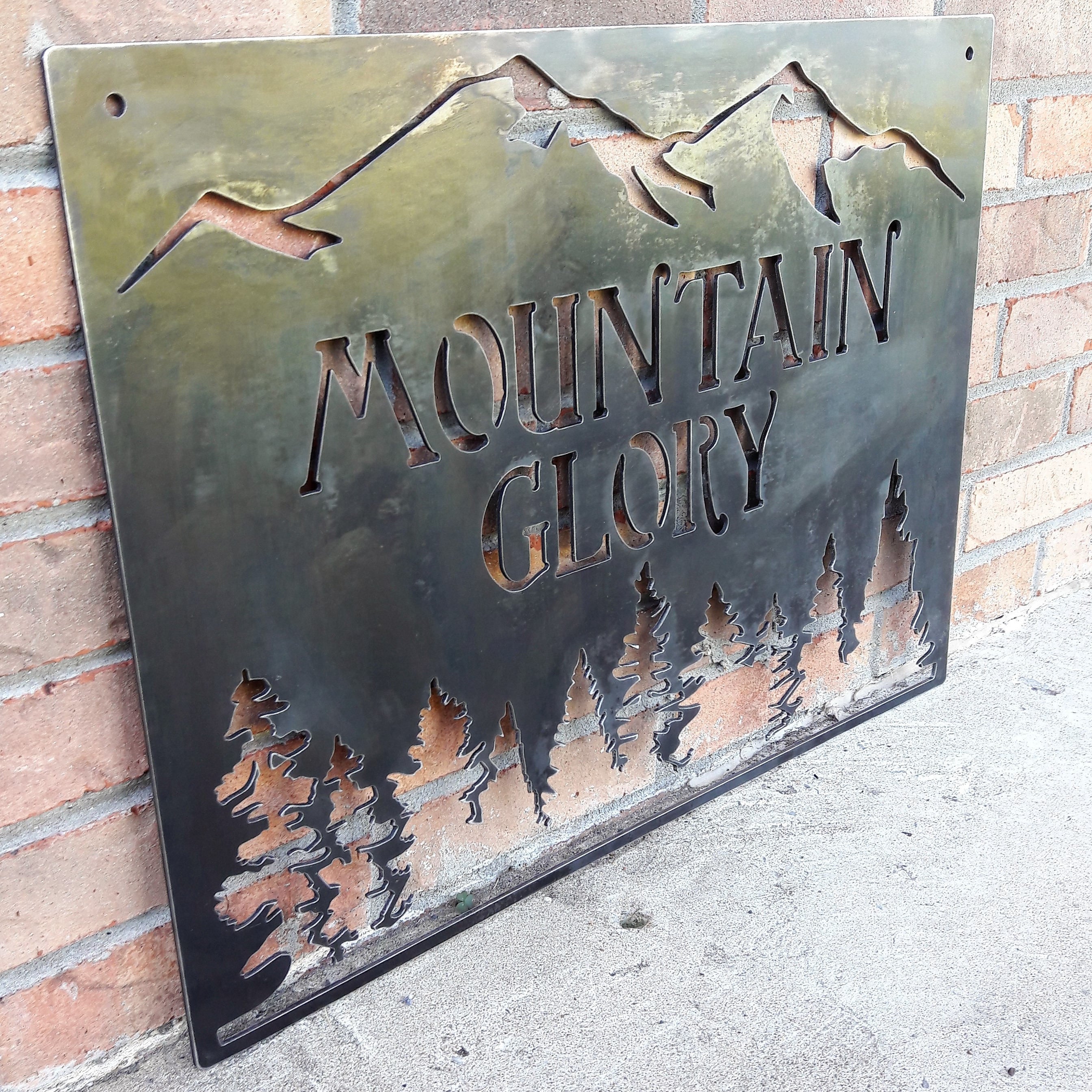 Personalized Metal Mountain Sign - Cabin, Tree House, Clubhouse Wall Art - Mountains, Pine Trees