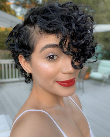 Black Curly Pixie with Bangs