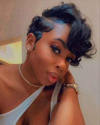 Black Side Bangs Curly Pixie Cut