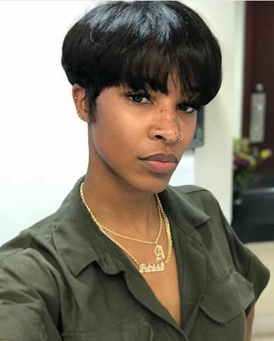 Short Black Pixie Haircuts with Layered Bangs