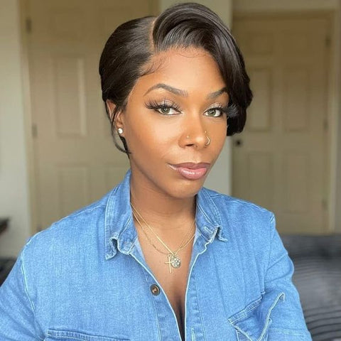 Straight Short Pixie Cut with Long Bangs Pixie Cut Wig for Black Women