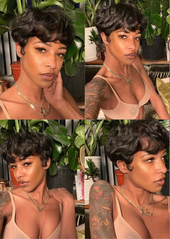 Messy Short Wavy Pixie Cut Wig with Bangs
