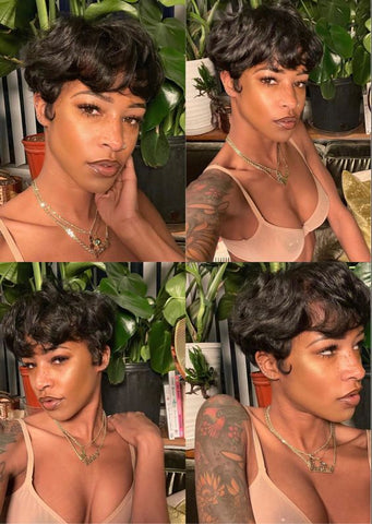Messy Short Wavy Pixie Cut Wig with Bangs