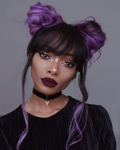 Purple Space Bun Hair With Bangs