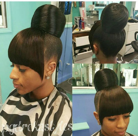 Black Big Top Knot Bun With Bangs