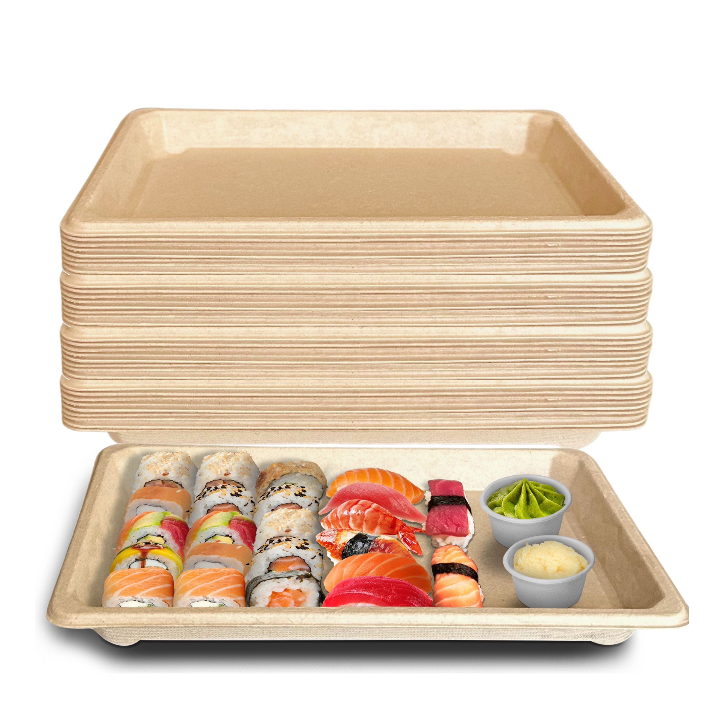 1.5L X-Large Compostable Container Natural Sugarcane Sushi Trays