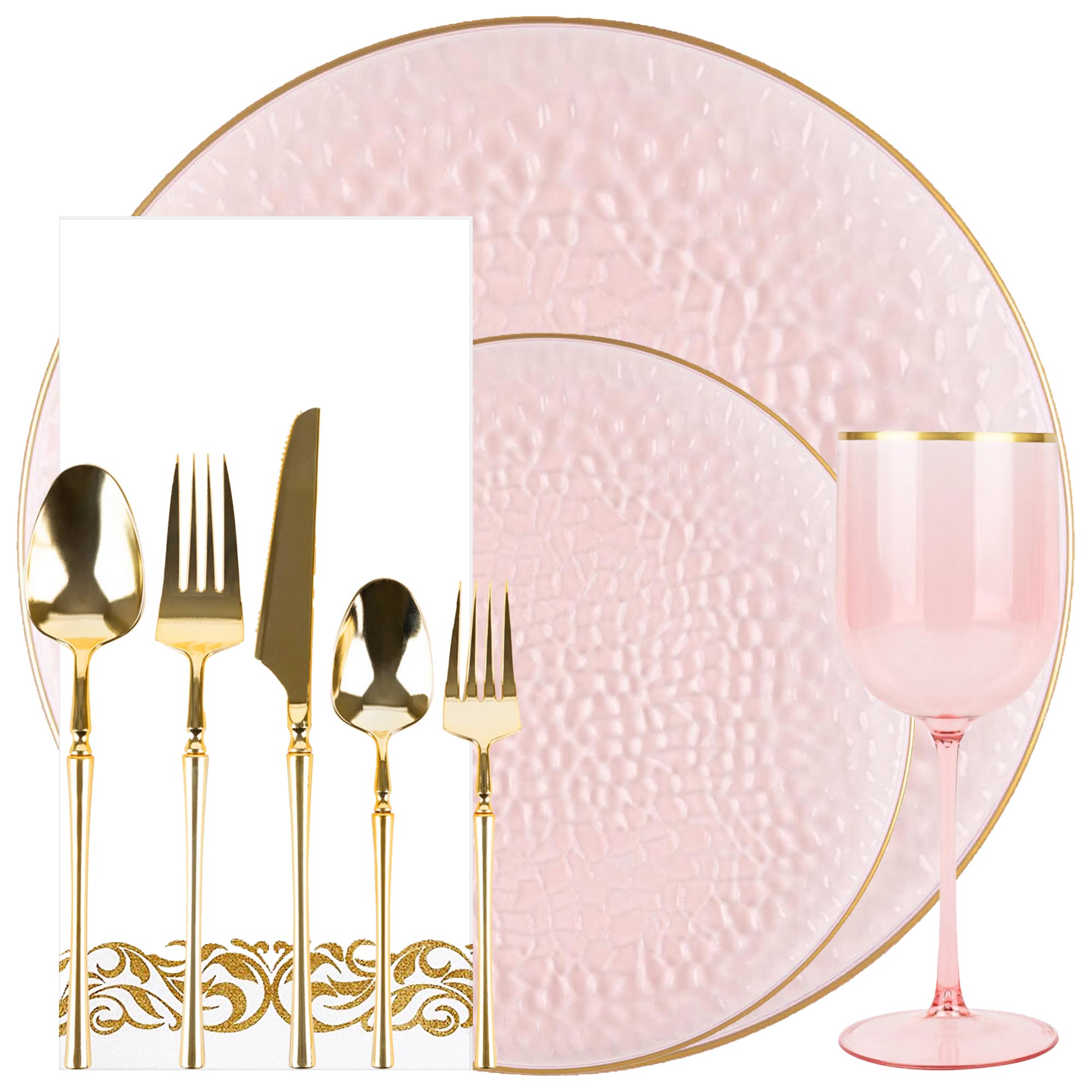 Plastic Tableware Pink Gold Rim Organic Hammered Collection Dinner Party Set