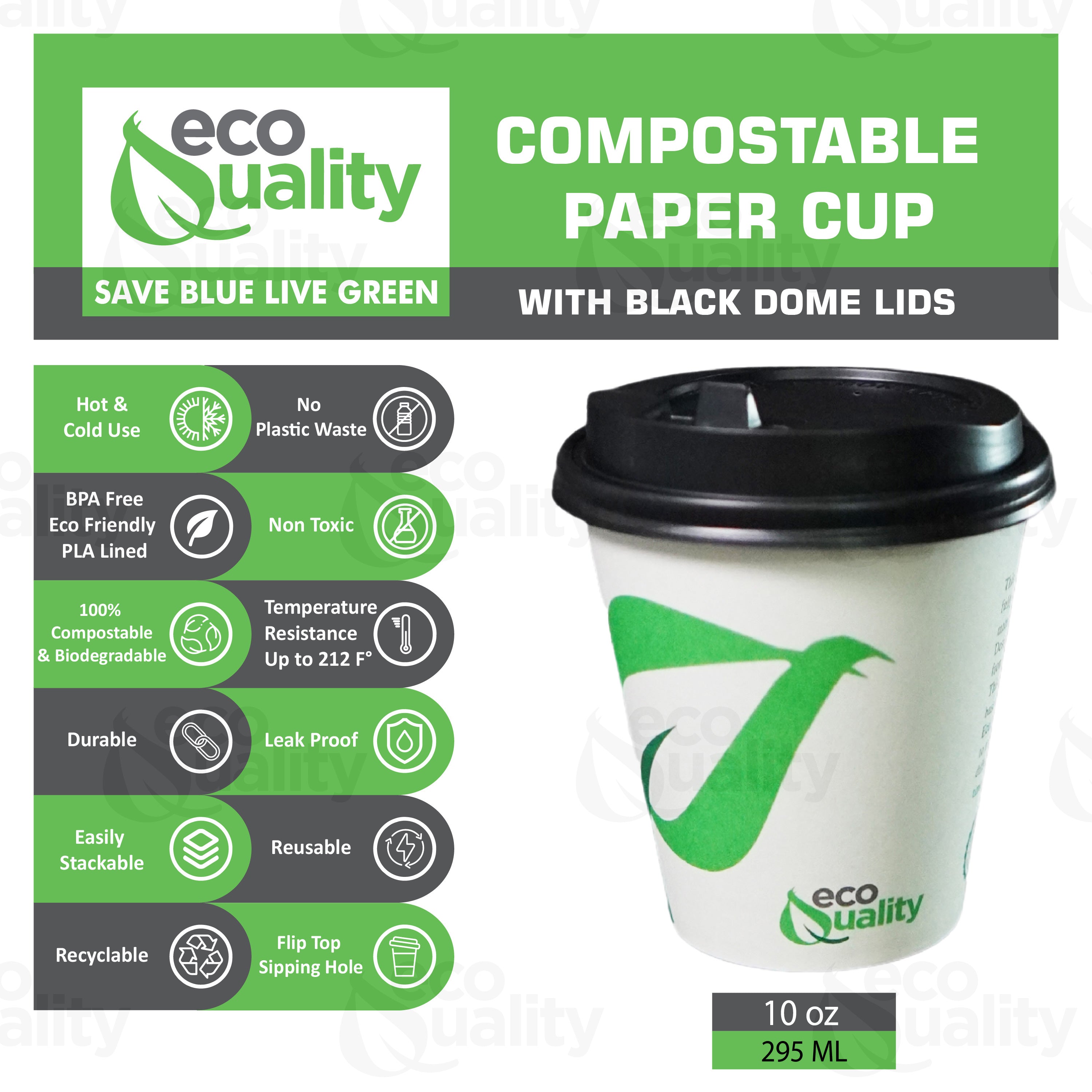 Disposable Compostable Biodegradable White Paper Coffee Cups with Black Dome