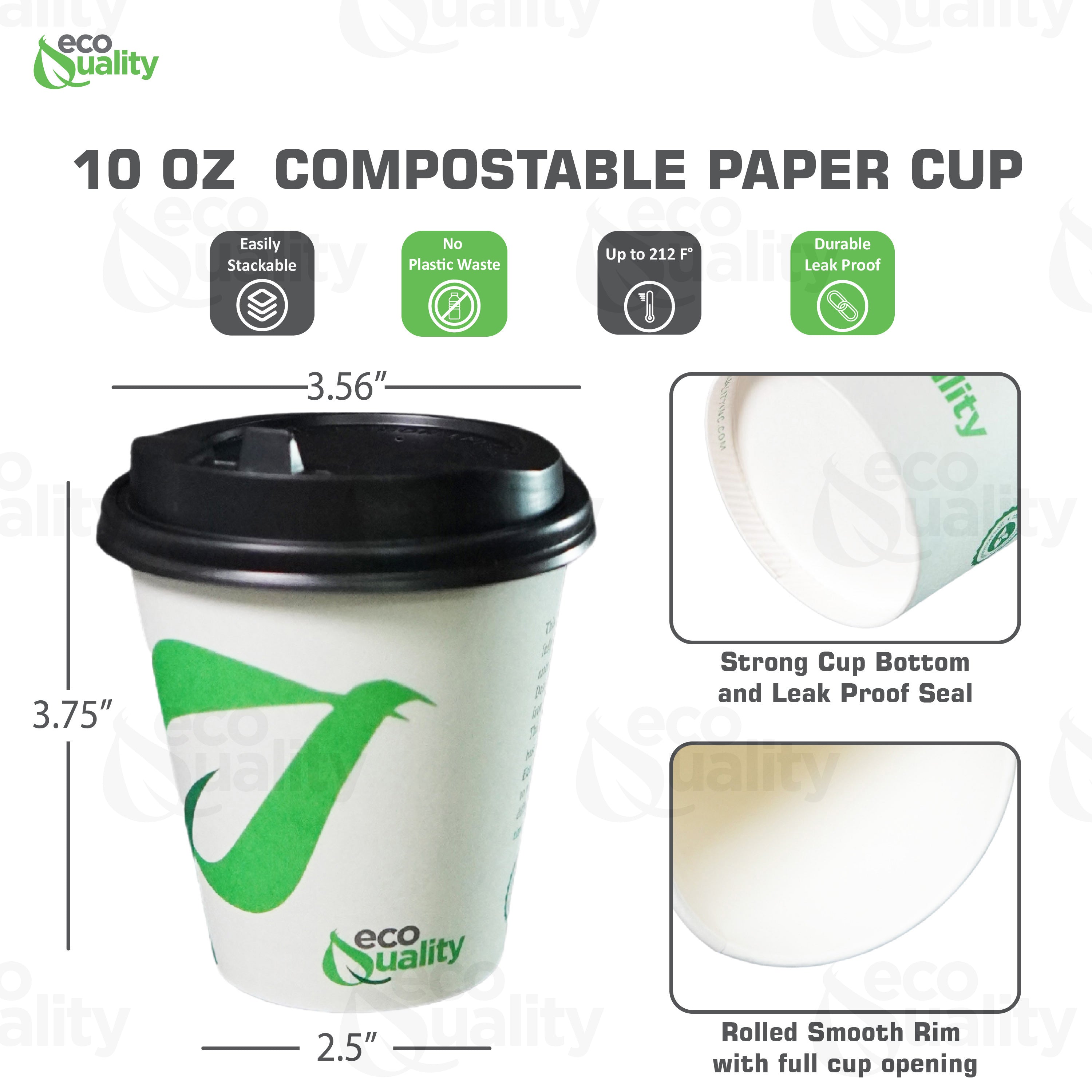 Disposable Compostable Biodegradable White Paper Coffee Cups with Black Dome