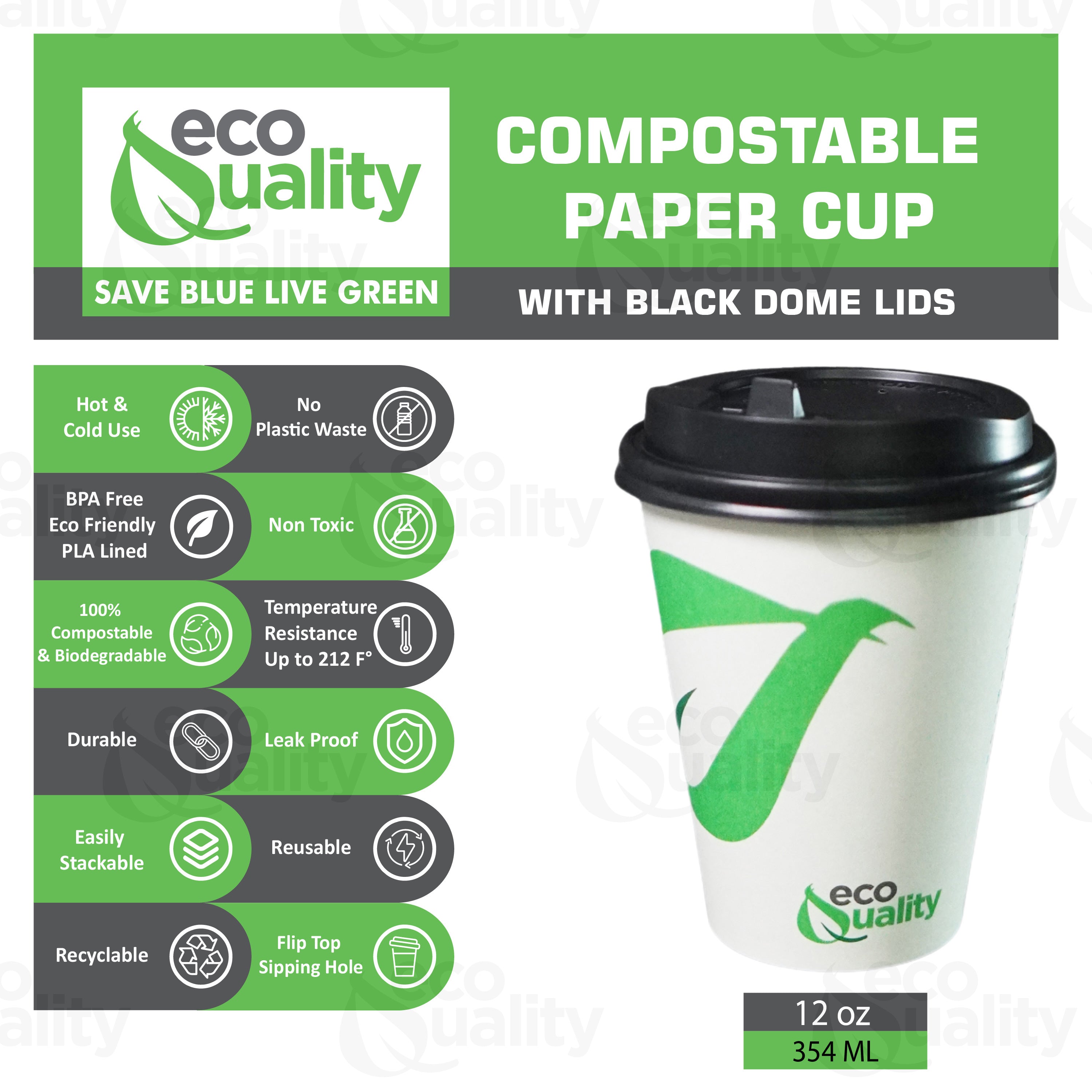 Disposable Compostable Biodegradable White Paper Coffee Cups with Black Dome