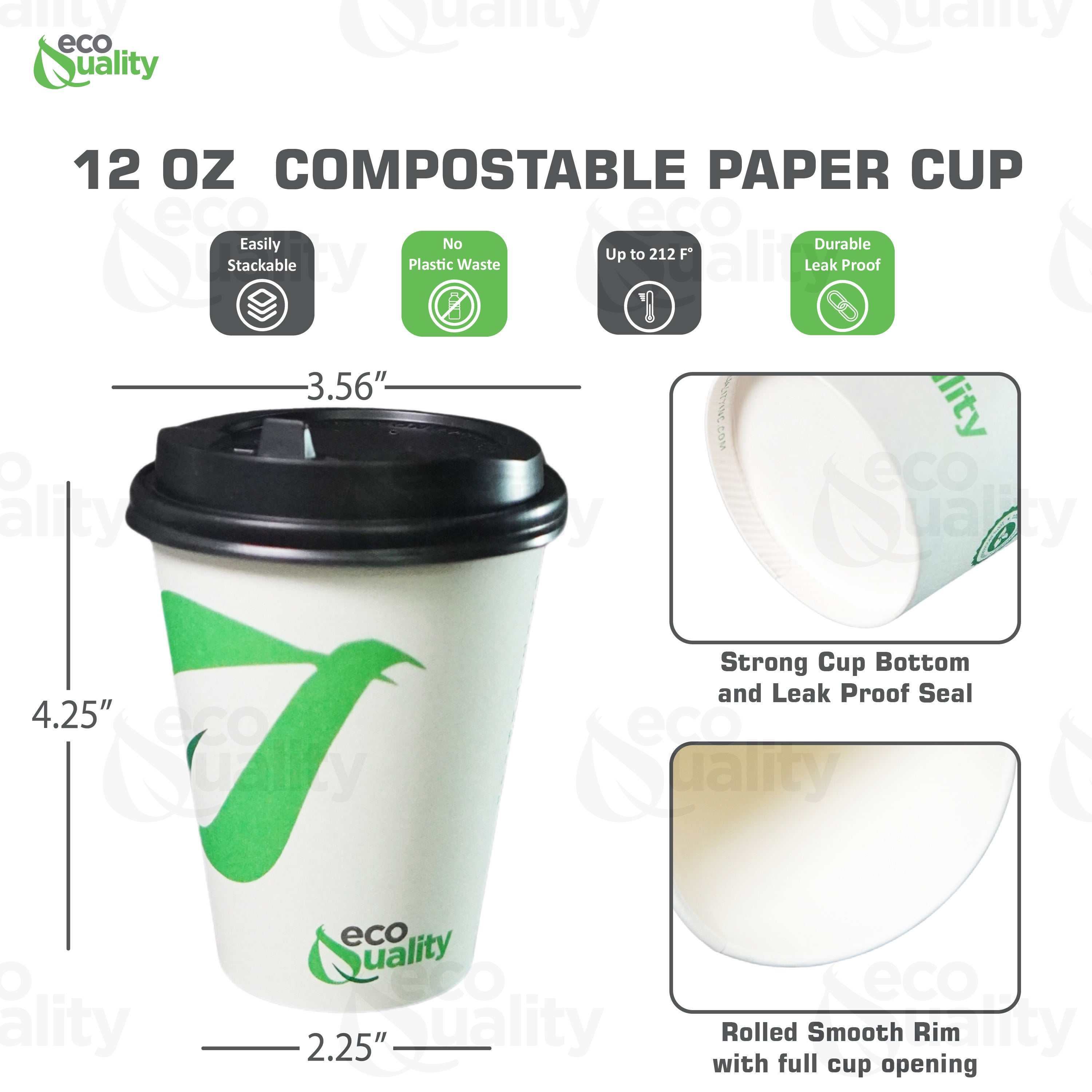 Disposable Compostable Biodegradable White Paper Coffee Cups with Black Dome