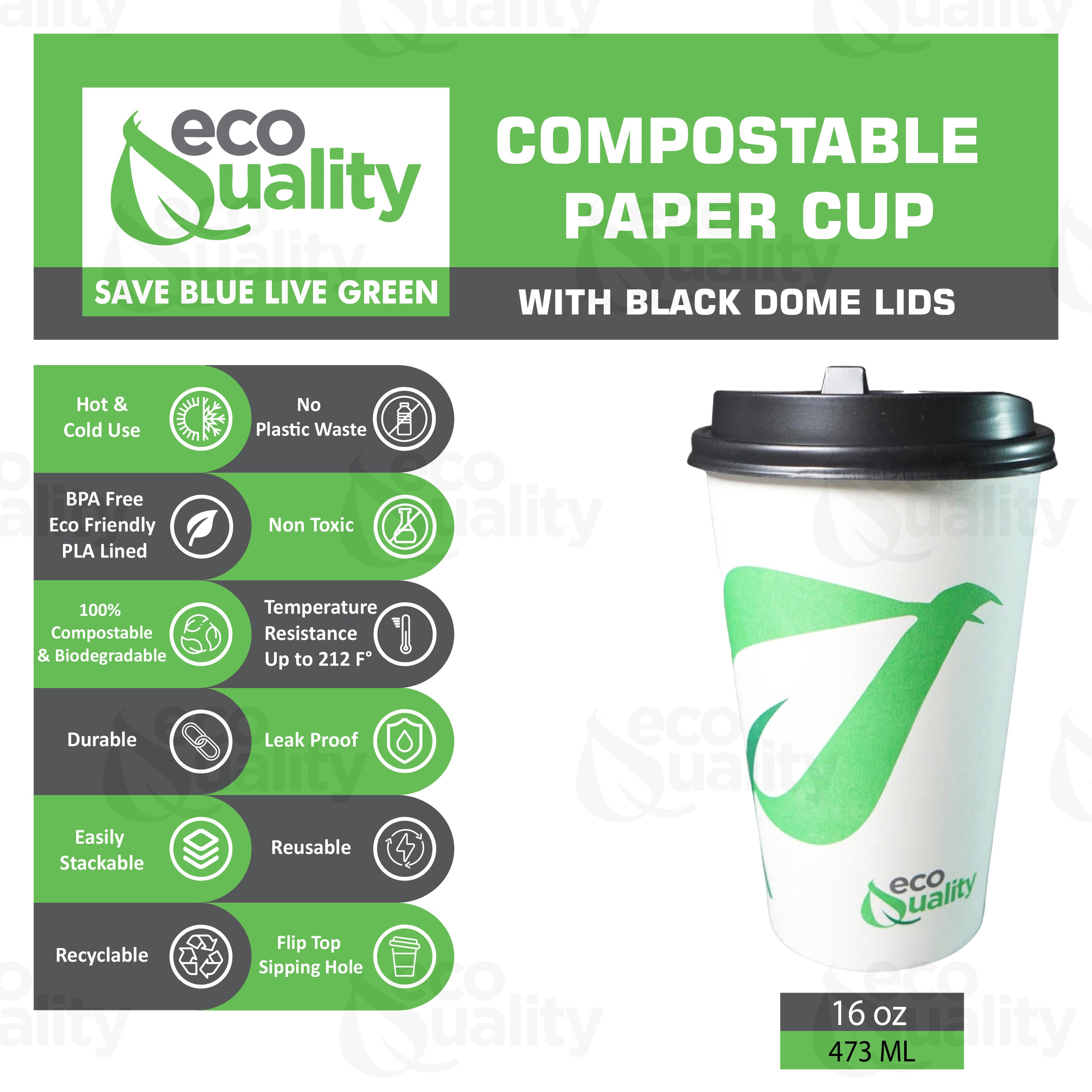 Disposable Compostable Biodegradable White Paper Coffee Cups with Black Dome