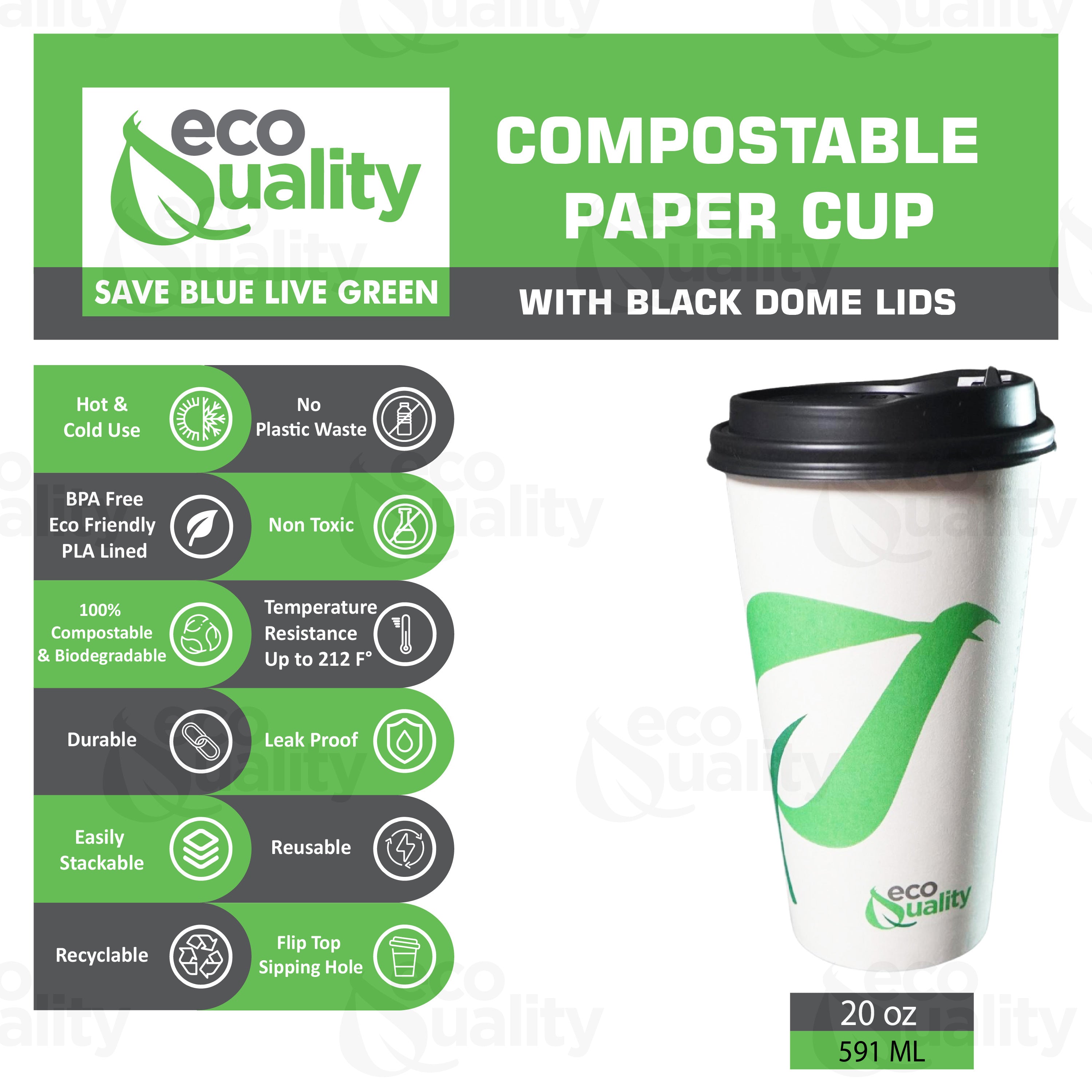 Disposable Compostable Biodegradable White Paper Coffee Cups with Black Dome