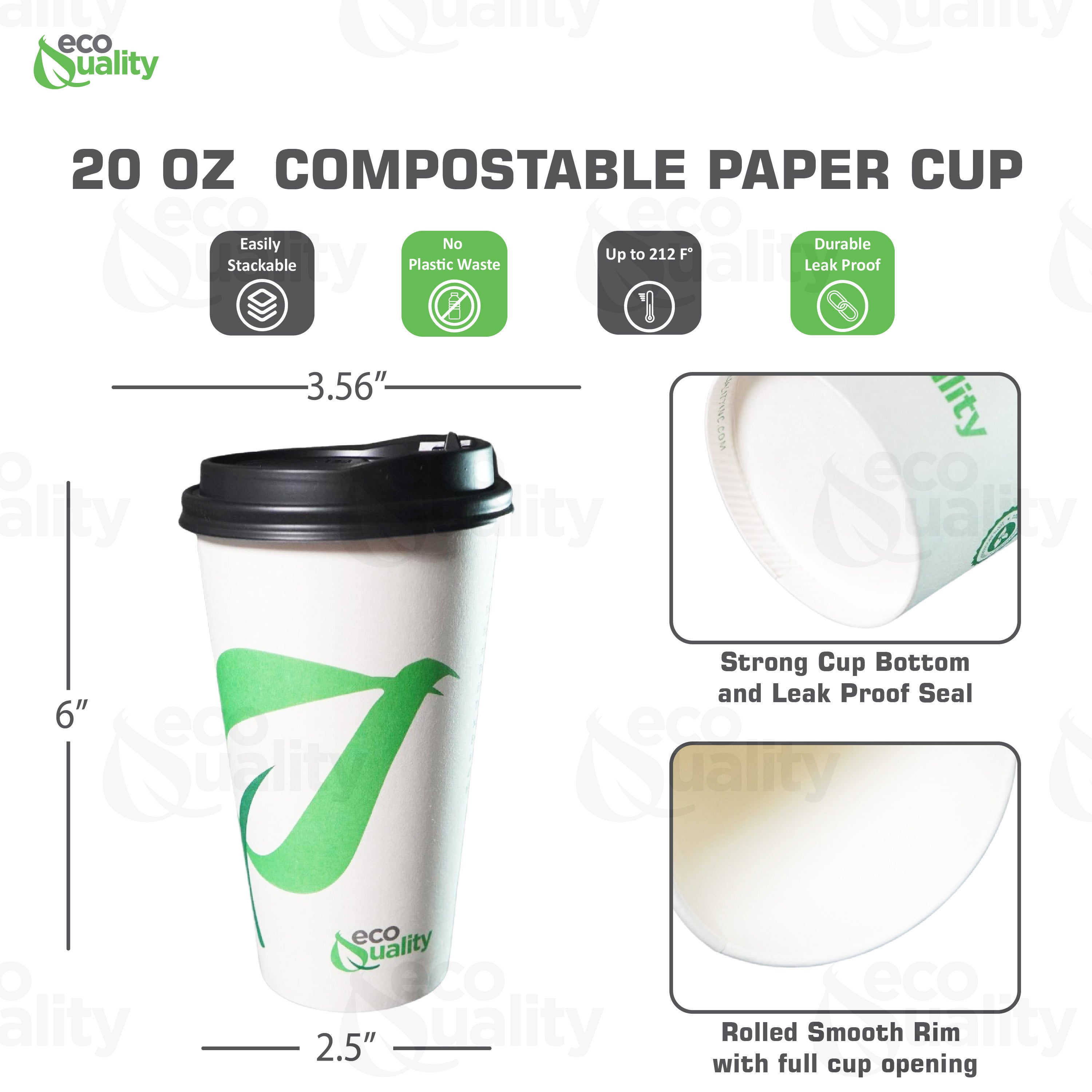 Disposable Compostable Biodegradable White Paper Coffee Cups with Black Dome