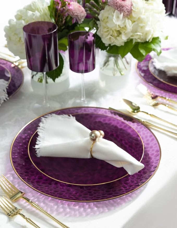 Organic Purple Organic Hammered Plates with Gold Rim