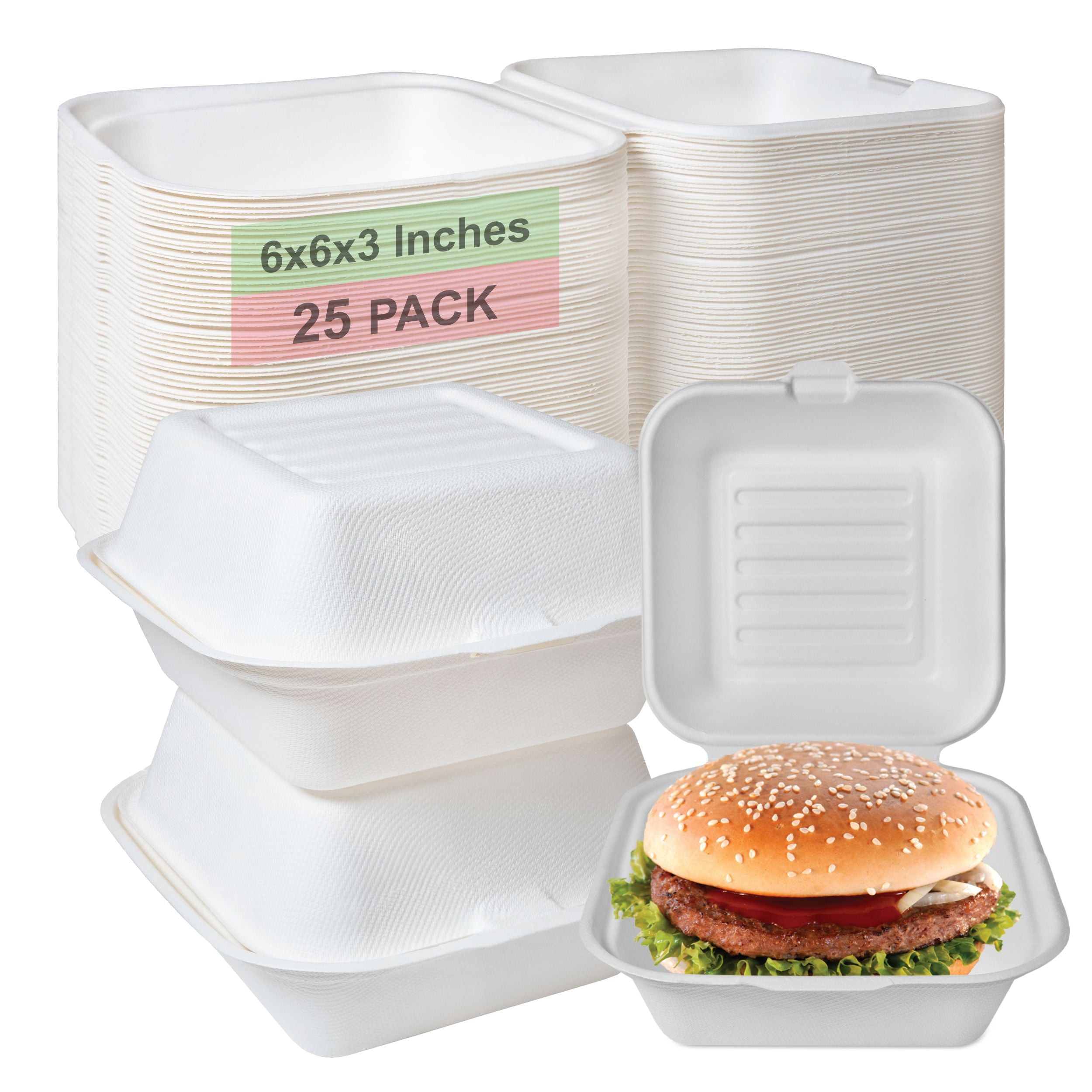 Compostable Square Hinged Clamshell Food TakeOut Box, Heavy Duty Disposable ToGo Containers with Lids, Biodegradable for Restaurants, Food Trucks