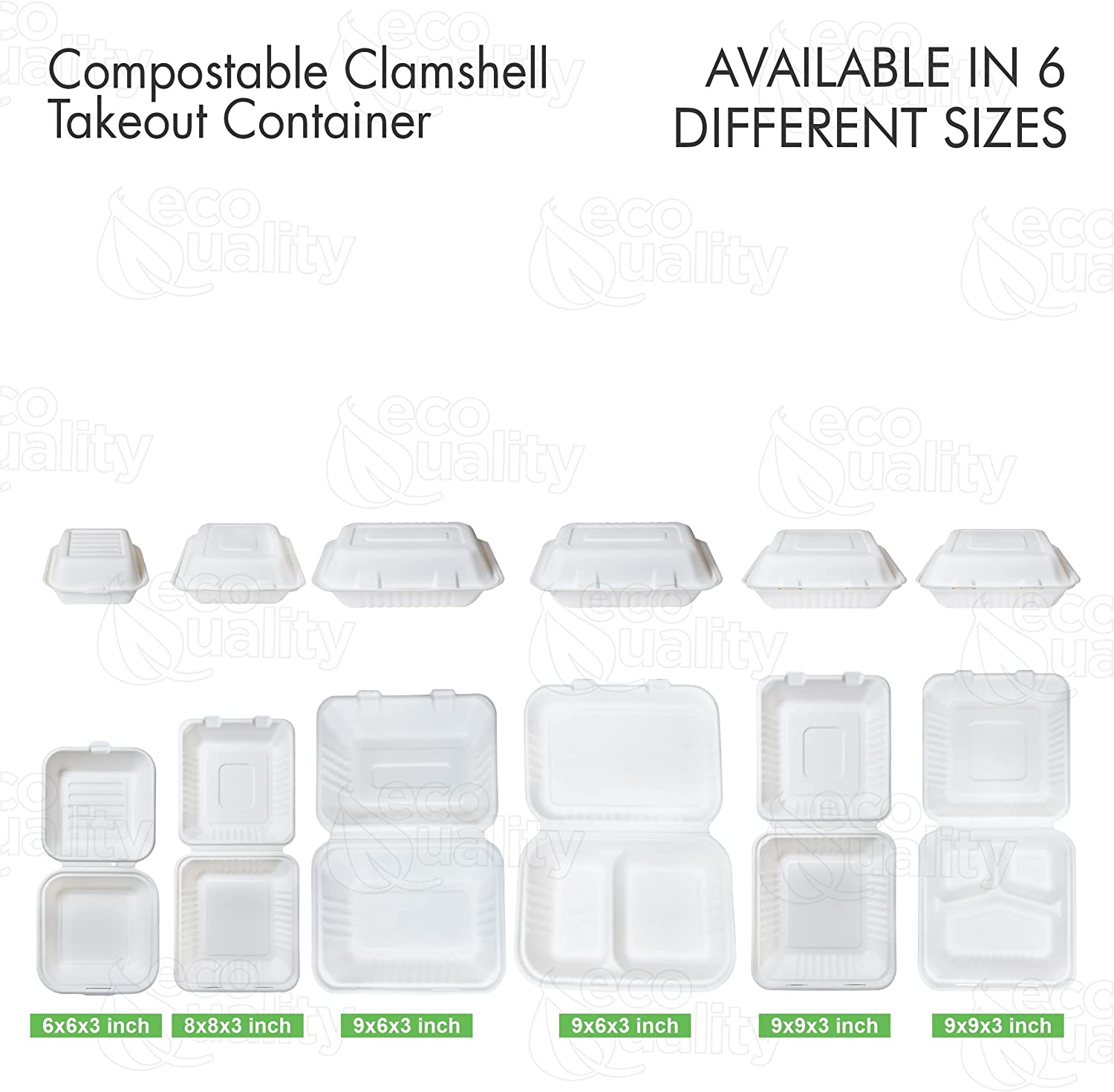 Compostable Square Hinged Clamshell Food TakeOut Box, Heavy Duty Disposable ToGo Containers with Lids, Biodegradable for Restaurants, Food Trucks