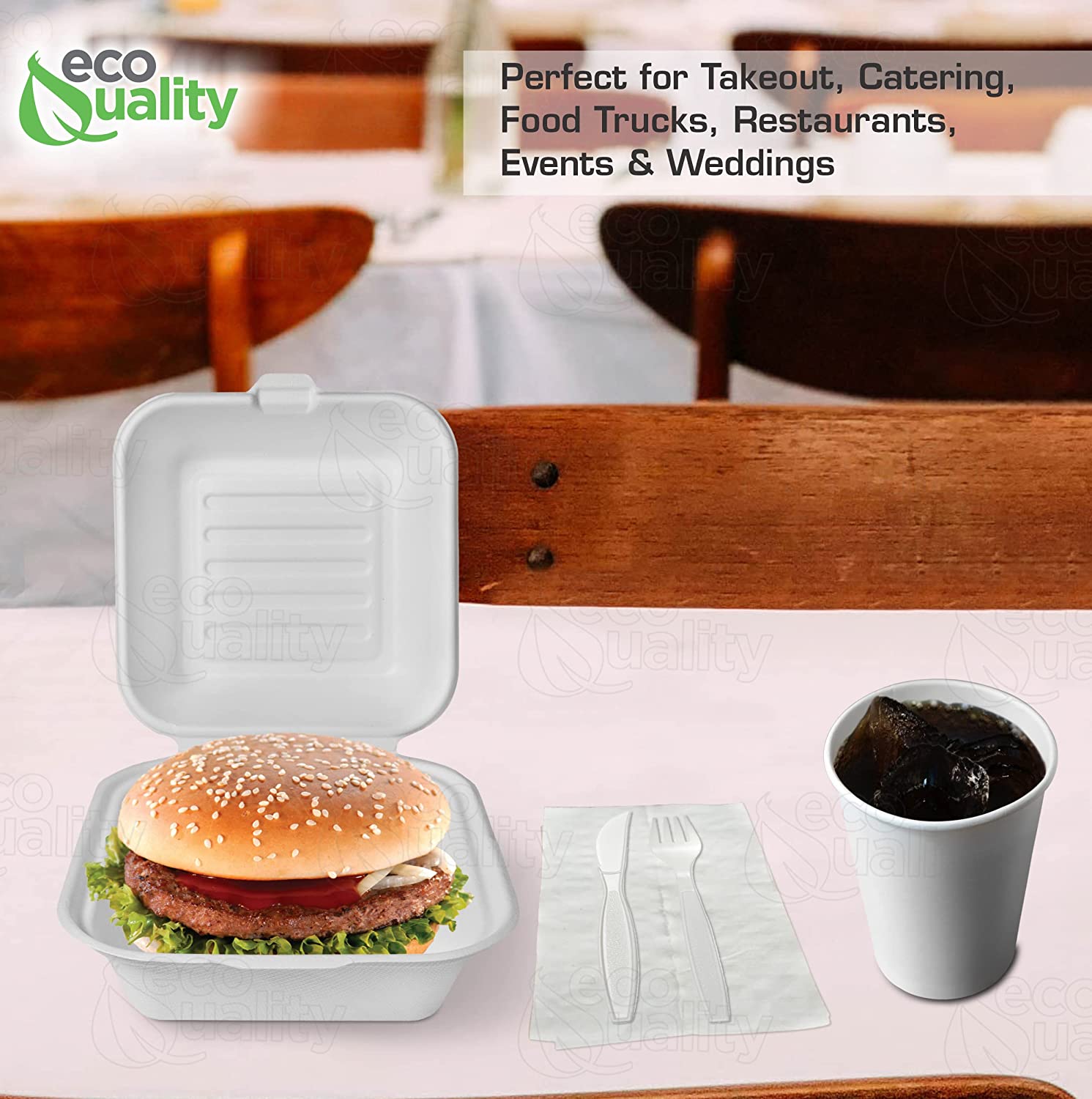 Compostable Square Hinged Clamshell Food TakeOut Box, Heavy Duty Disposable ToGo Containers with Lids, Biodegradable for Restaurants, Food Trucks