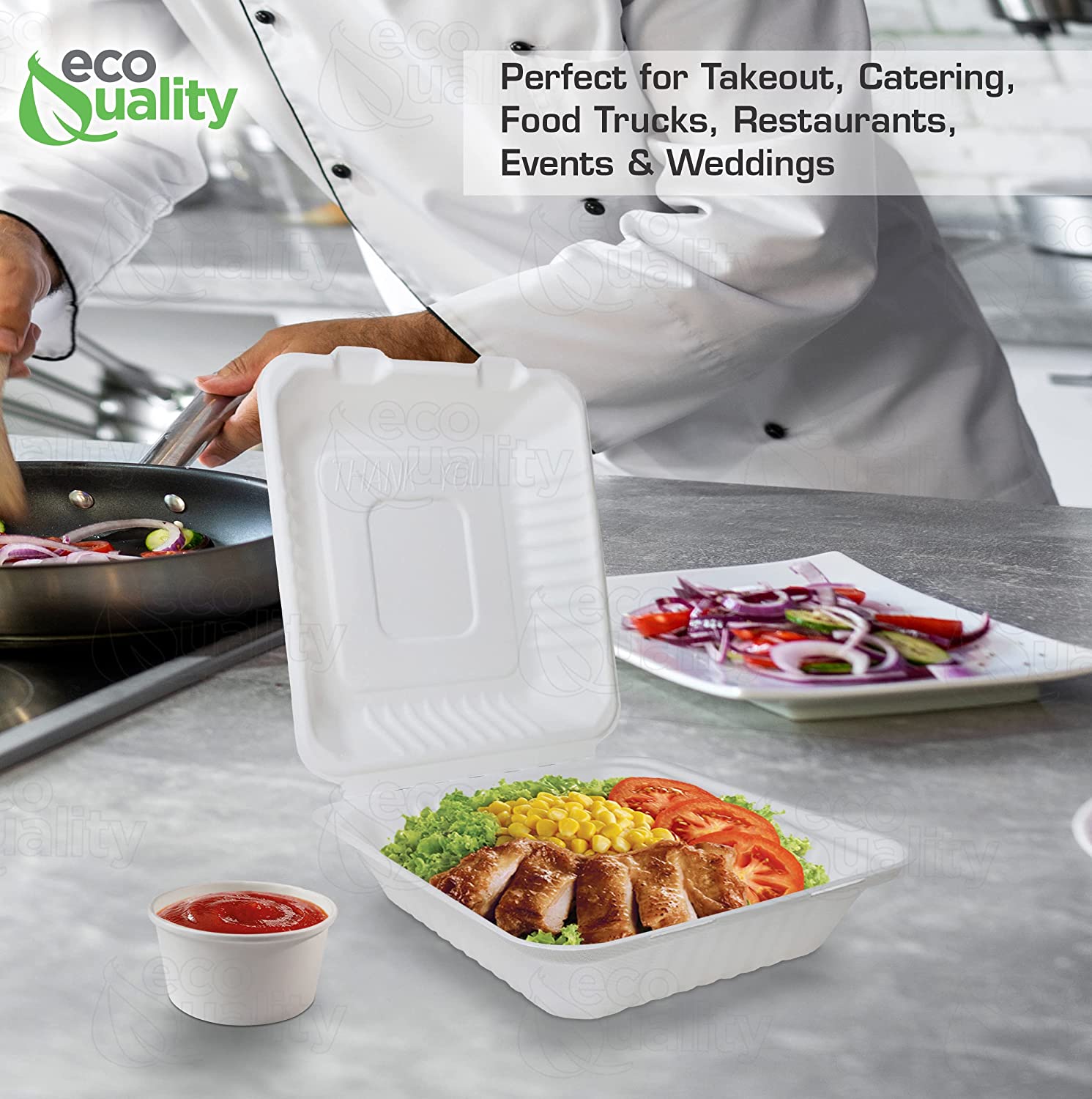 Compostable Square Hinged Clamshell Food TakeOut Box, Heavy Duty Disposable ToGo Containers with Lids, Biodegradable for Restaurants, Food Trucks