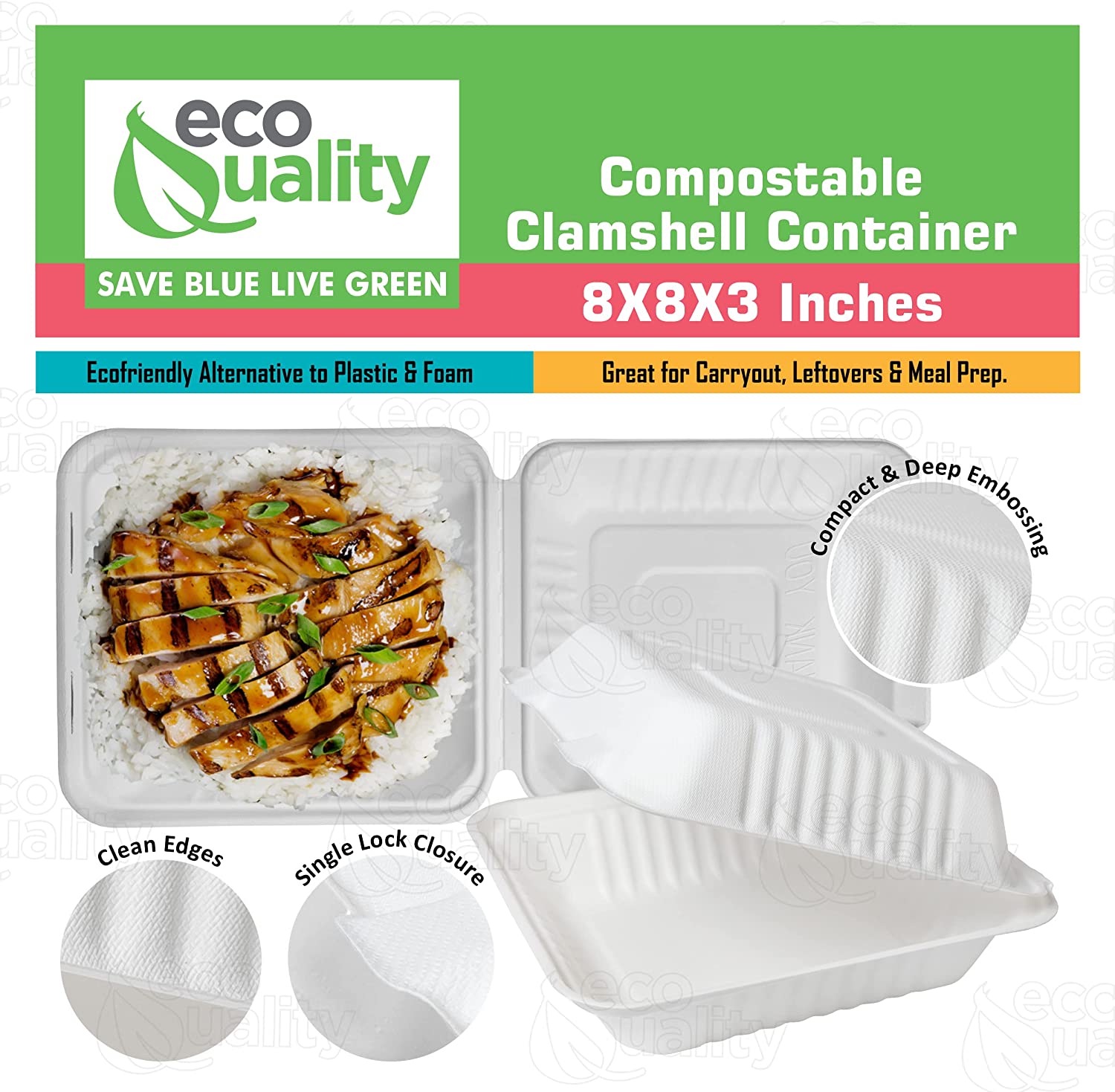 Compostable Square Hinged Clamshell Food TakeOut Box, Heavy Duty Disposable ToGo Containers with Lids, Biodegradable for Restaurants, Food Trucks