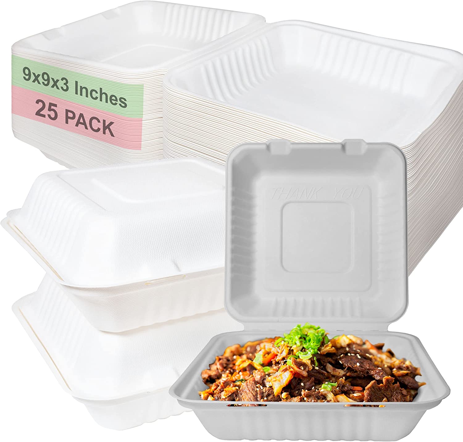 Compostable Square Hinged Clamshell Food TakeOut Box, Heavy Duty Disposable ToGo Containers with Lids, Biodegradable for Restaurants, Food Trucks