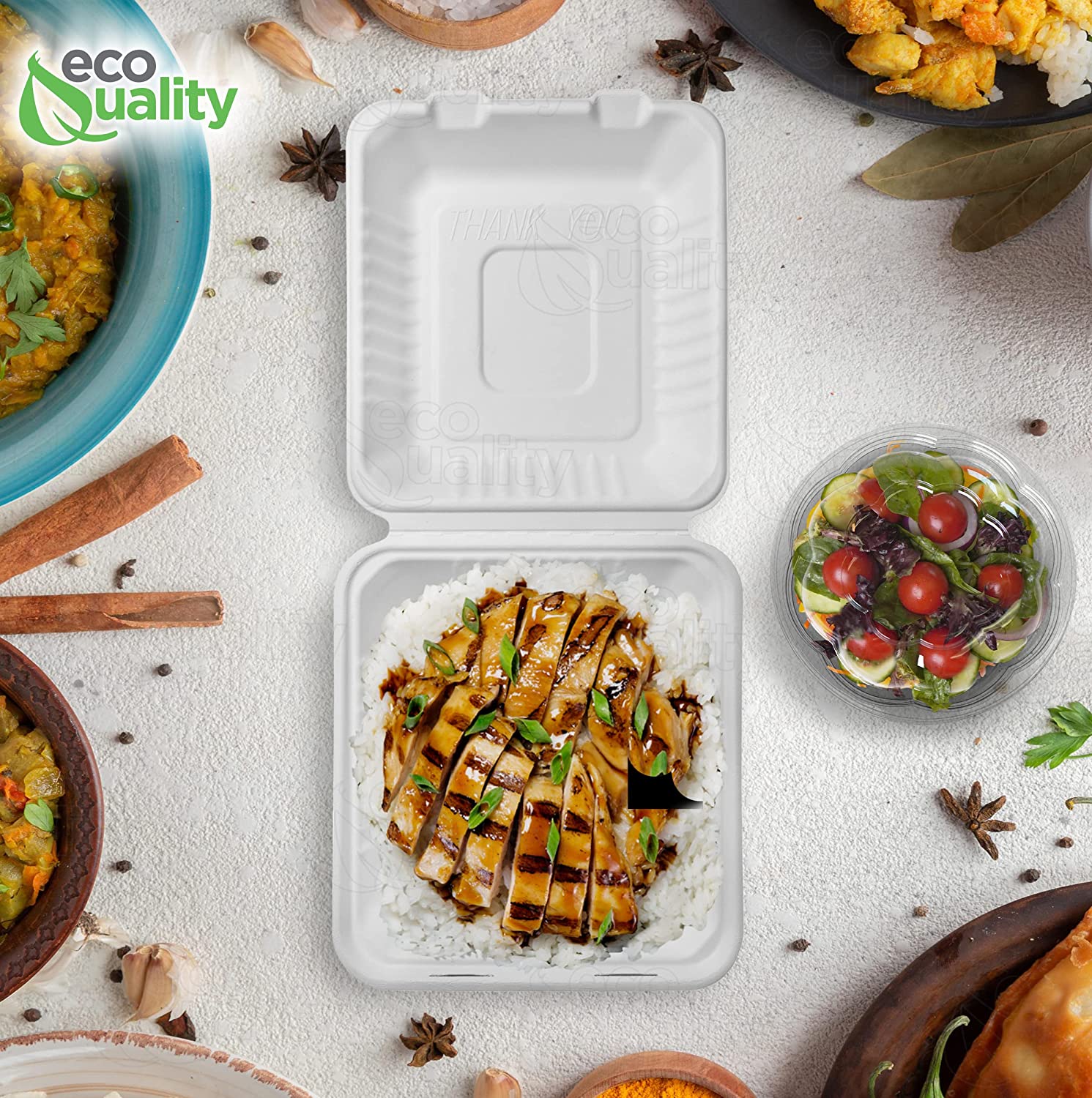 Compostable Square Hinged Clamshell Food TakeOut Box, Heavy Duty Disposable ToGo Containers with Lids, Biodegradable for Restaurants, Food Trucks