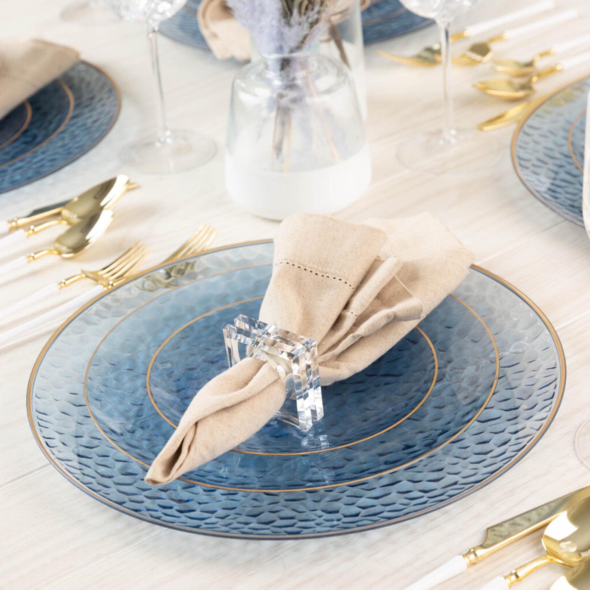 Plastic Hammered Blue Lunch Plates Gold Rim Combo Party Set