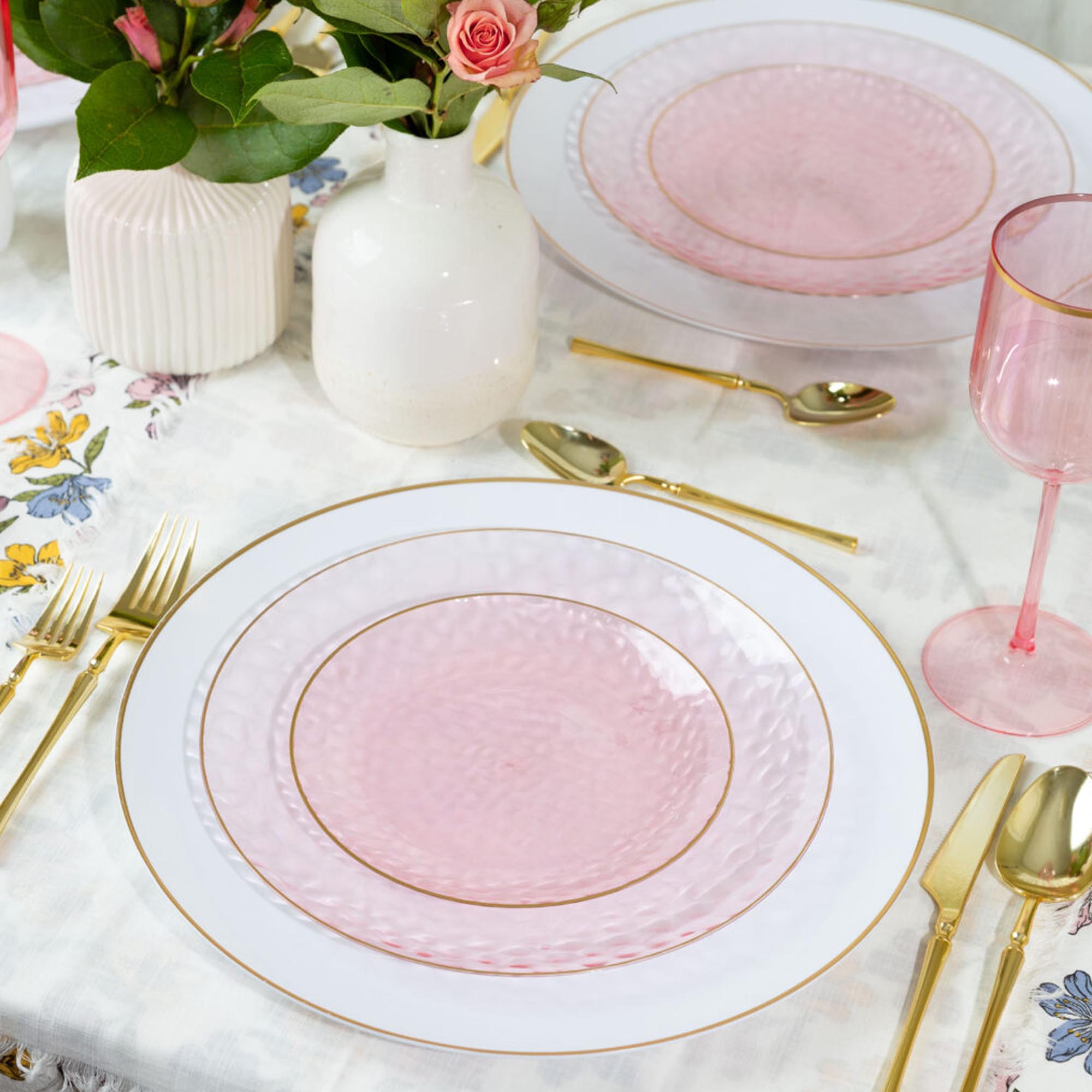 Plastic Hammered Pink Lunch Plates Gold Rim Combo Party Set