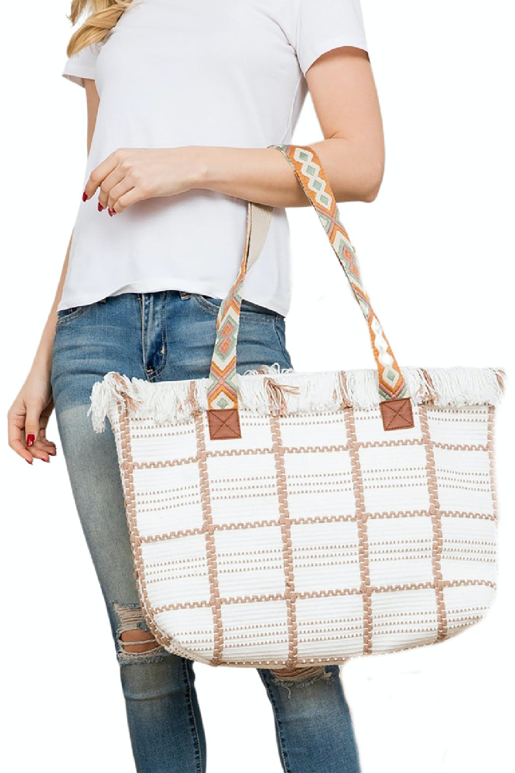 Embroidered Strap Window Pane Tote