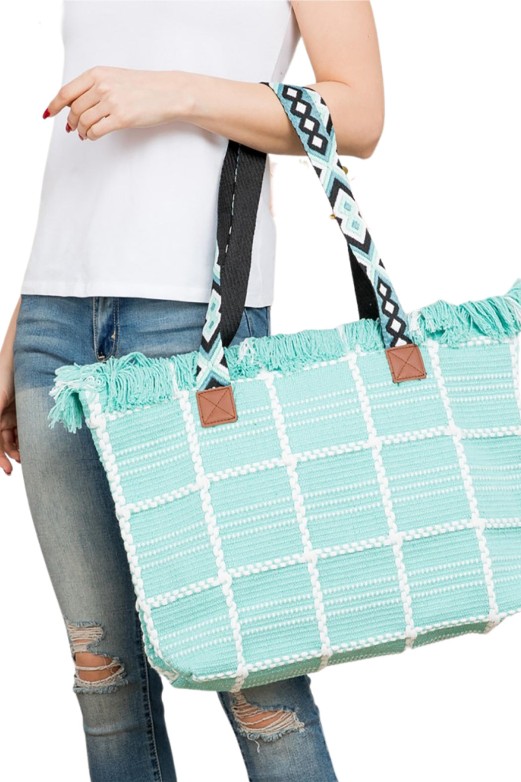 Embroidered Strap Window Pane Tote