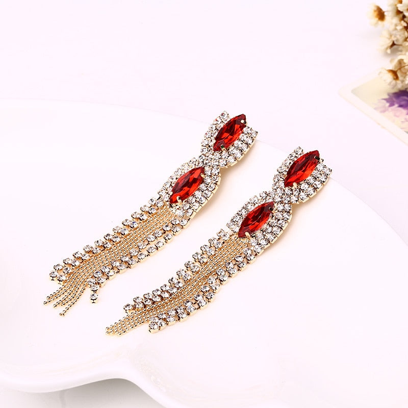 Gem Quality Austrian Tassel Design Long Formal Dress Ladies Evening Earrings