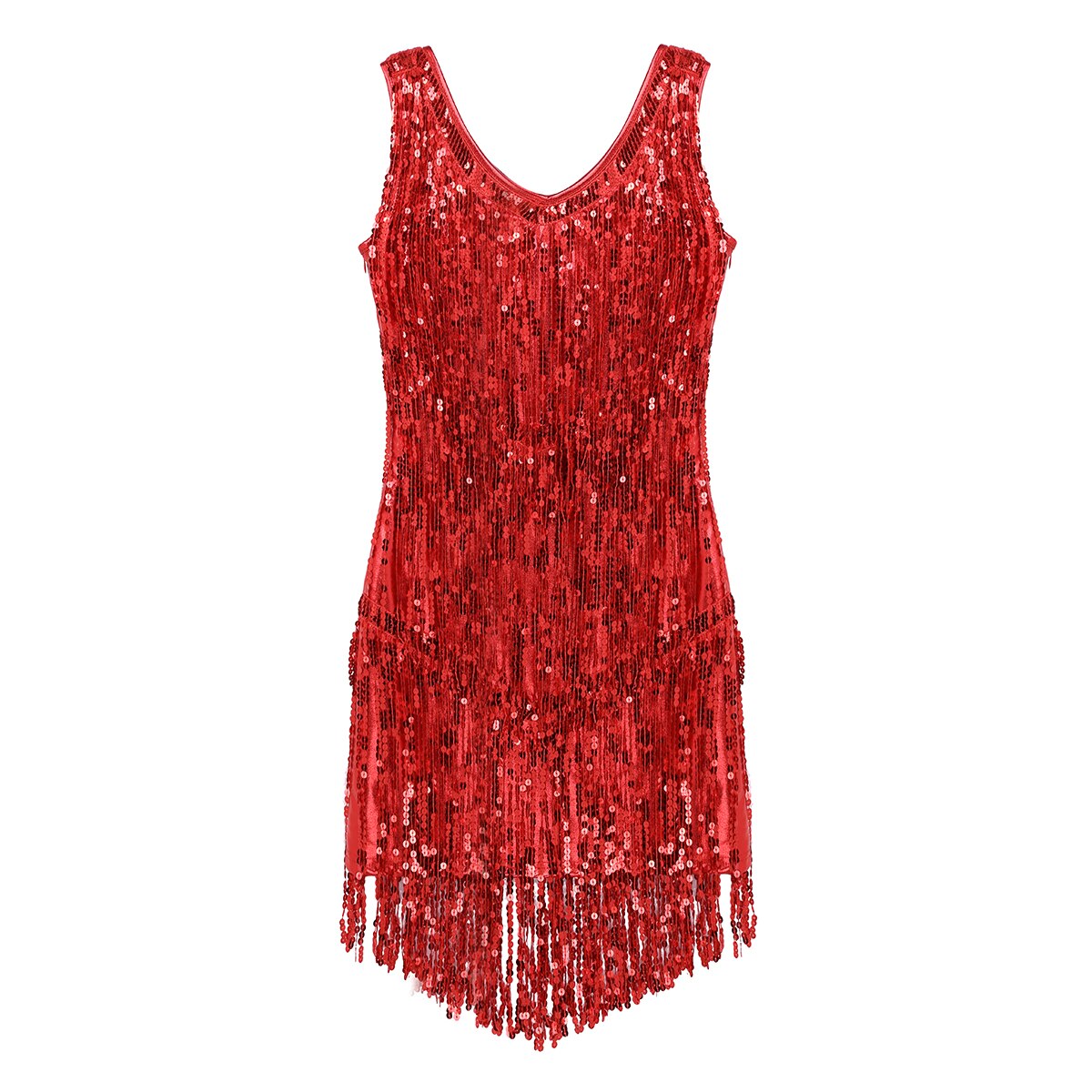 Ladies Sleeveless Sparkling Sequin Tassels Fringe Ballroom Latin Dance Dress