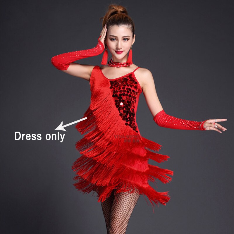 Latin Dance Costume Adult Fringe Sequin Dress Professional Dancing Tassel Dress