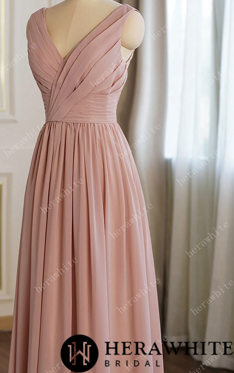 Coral Pleated V-neck Aline Bridesmaid Dress