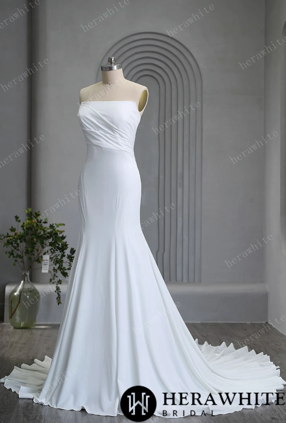 Graceful Strapless Pleated Crepe Wedding Gown