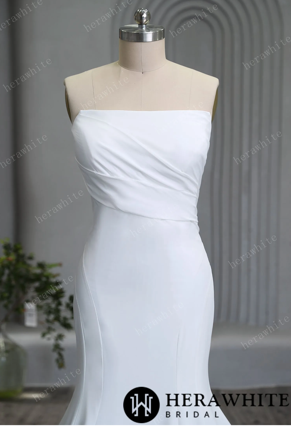 Graceful Strapless Pleated Crepe Wedding Gown