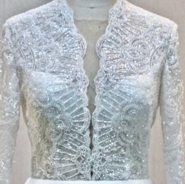 Deep V Plunge Sequined Lace Top Long Sleeve Wedding A Line Gown