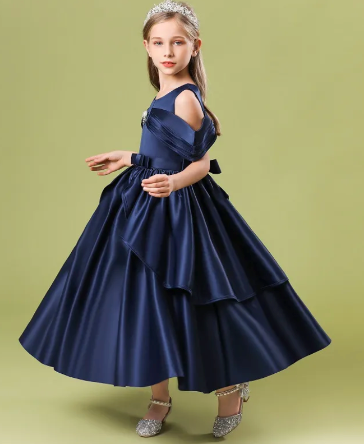 Layered Satin Girls Ball Gown Flower Girl Party Dress