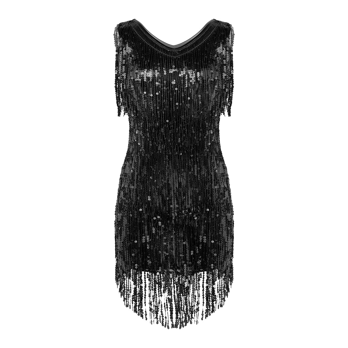 Ladies Sleeveless Sparkling Sequin Tassels Fringe Ballroom Latin Dance Dress