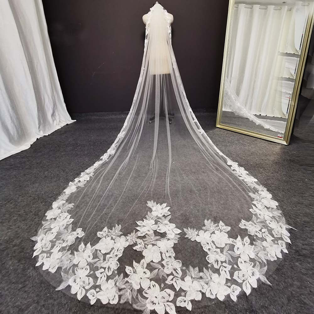Tulle Flower Lace Cathedral Wedding Veil 3 Meters 1 Layer Bridal Veil