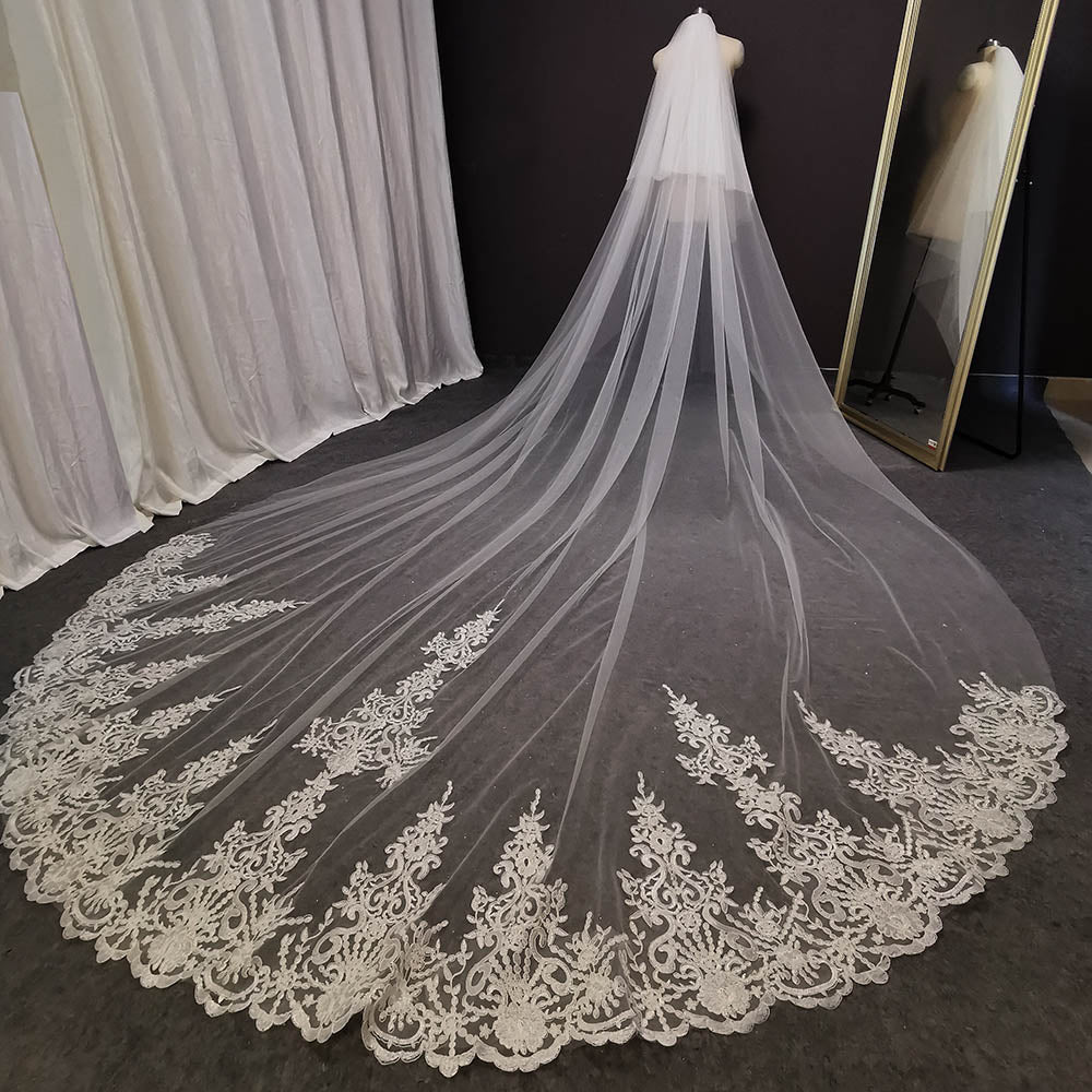 Long Lace Wedding Veil White Ivory Bridal Veil with Comb Blusher Wedding Accessory