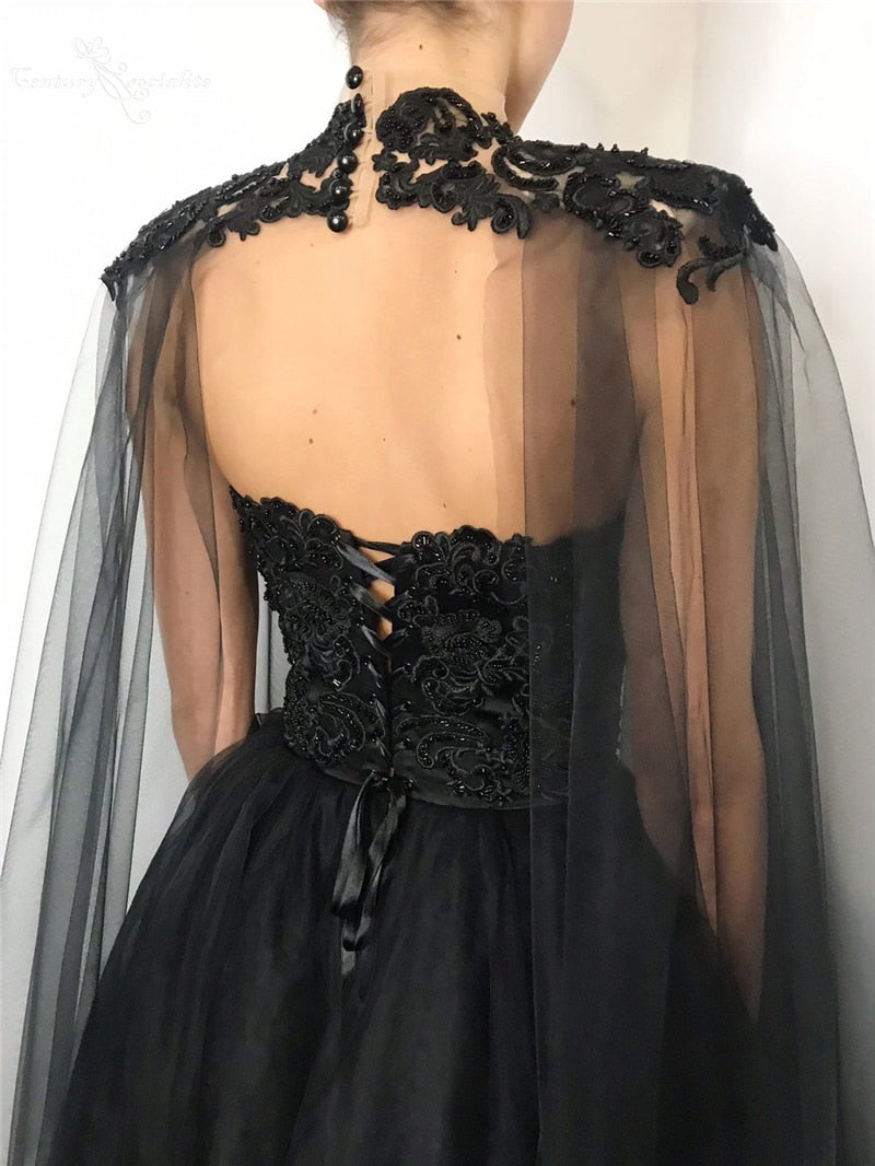 Black Wedding Dress with Beaded CapeSweetheart Princess Bridal Ball Gown