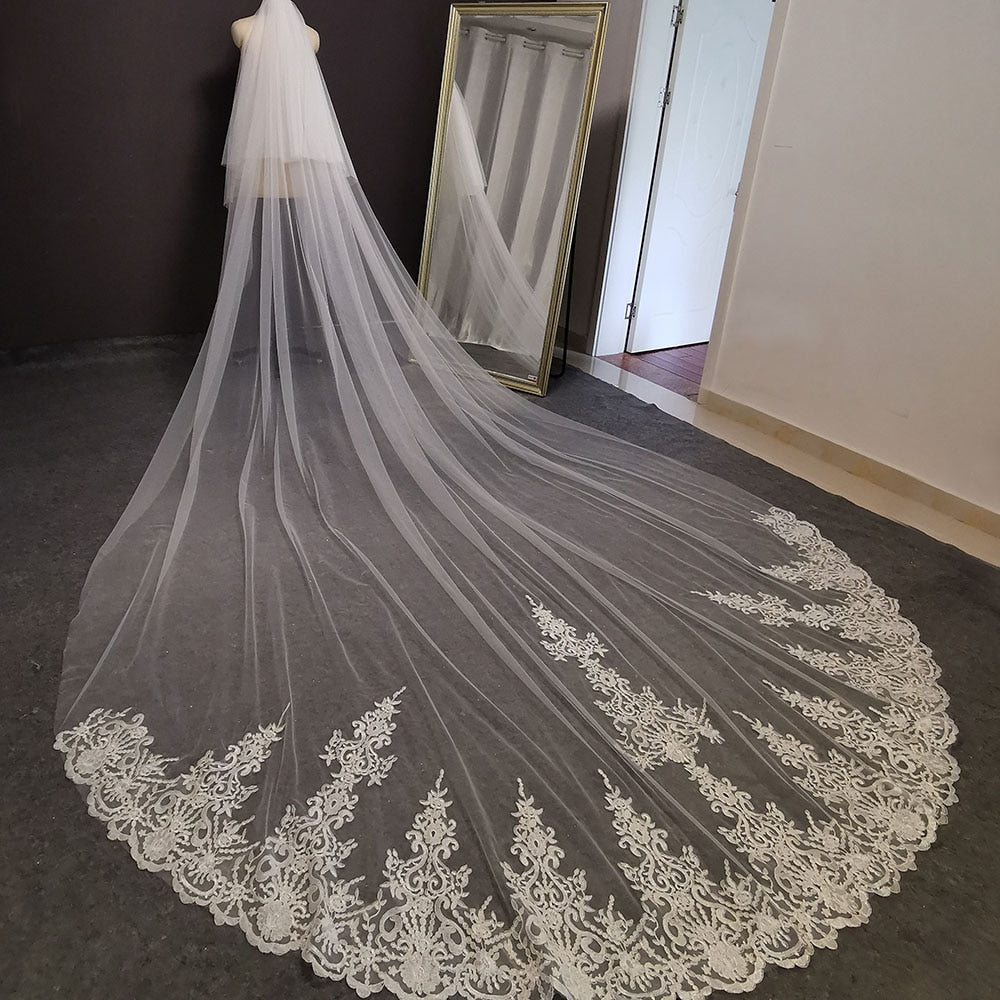 Long Lace Wedding Veil White Ivory Bridal Veil with Comb Blusher Wedding Accessory